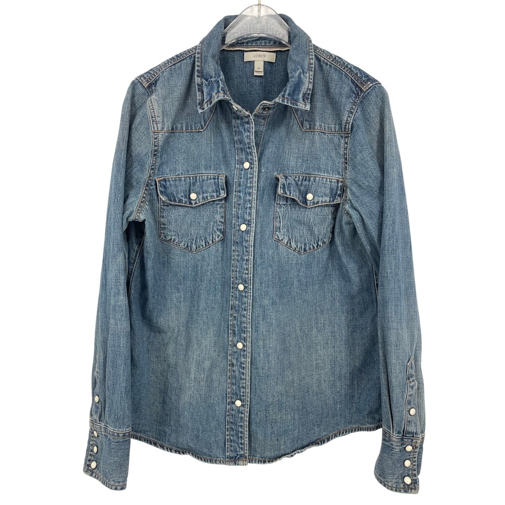 J Crew Womens Denim Shirt Size 8 100% Cotton Western Pearl Snap Cowgirl